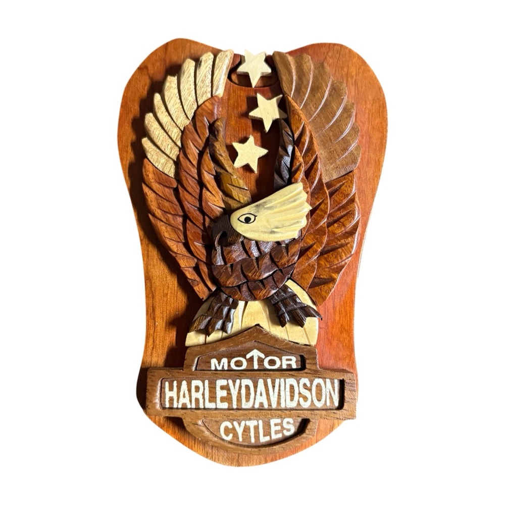 Vintage Harley Davidson Motorcycles Wood Jewelry Puzzle Box Eagle MISPRINT As Is